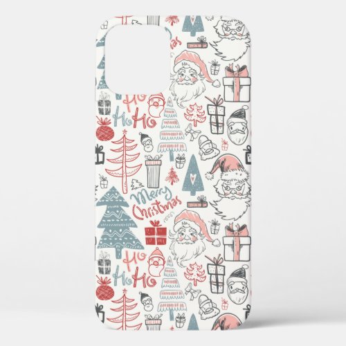 Cute Whimsical Santa Christmas Tree Pattern Pink iPhone 12 Case