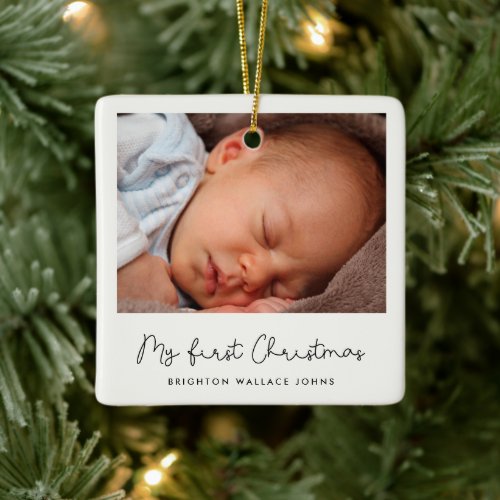 Cute whimsical script Babys First Christmas photo Ceramic Ornament