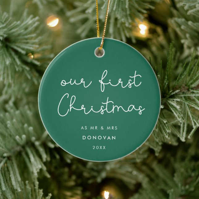 Cute whimsical script Our First Christmas photo Ceramic Ornament (Tree)