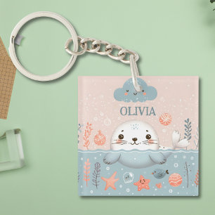 Cute Whimsical Seal Pup Personalized Keychain