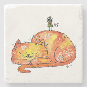 Cute Whimsical Sleeping Cat Stone Coaster
