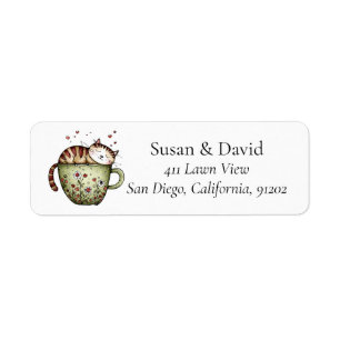 Cute Whimsical Sleeping Cat Teacup Floral Hearts Label