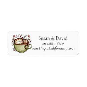 Cute Whimsical Sleeping Cat Teacup Polka Dot Label