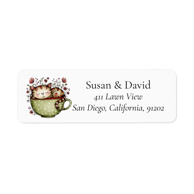 Cute Whimsical Sleeping Cat Teacup Polka Dot Label (Front)