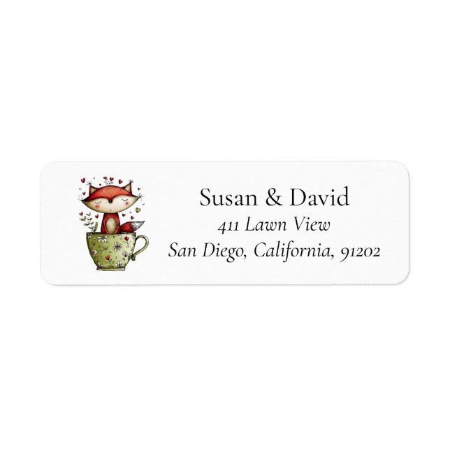 Cute Whimsical Sleeping Fox Teacup Floral Daisy Label (Front)