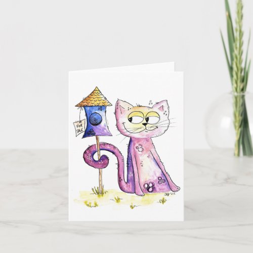 Cute Whimsical Sneaky Cat with Birdhouse Card