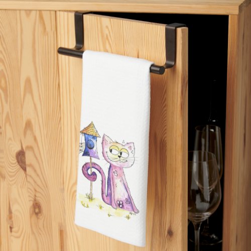 Cute Whimsical Sneaky Cat with Birdhouse Kitchen Towel