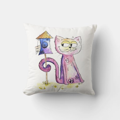 Cute Whimsical Sneaky Cat with Birdhouse Throw Pillow