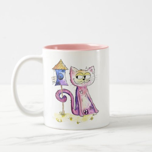 Cute Whimsical Sneaky Cat with Birdhouse Two_Tone Coffee Mug