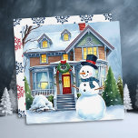 Cute Whimsical Snowman in the Front Yard Christmas<br><div class="desc">Personalized Christmas card. A cute watercolor illustration of a snowman in front of a suburban Victorian house in a sweet cozy neighborhood. Snowman has blue scarf and top hat on.</div>