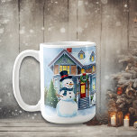 Cute Whimsical Snowman in the Front Yard Christmas Coffee Mug<br><div class="desc">A cute watercolor illustration of a snowman in front of a suburban Victorian house in a sweet cozy neighborhood. Snowman has blue scarf and top hat on.</div>