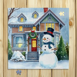 Cute Whimsical Snowman in the Front Yard Christmas Jigsaw Puzzle<br><div class="desc">A cute watercolor illustration of a snowman in front of a suburban Victorian house in a sweet cozy neighborhood. Snowman has blue scarf and tophat on.</div>