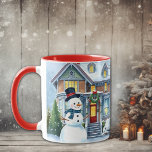 Cute Whimsical Snowman in the Front Yard Christmas Mug<br><div class="desc">A cute watercolor illustration of a snowman in front of a suburban Victorian house in a sweet cozy neighborhood. Snowman has blue scarf and top hat on.</div>