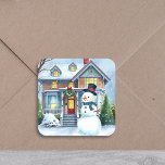 Cute Whimsical Snowman in the Front Yard Christmas Square Sticker<br><div class="desc">. A cute watercolor illustration of a snowman in front of a suburban Victorian house in a sweet cozy neighborhood. Snowman has blue scarf and top hat on.</div>