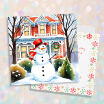 Cute Whimsical Snowman in the Suburbs Christmas<br><div class="desc">Personalized traditional Christmas card. A cute watercolor illustration of a snowman in front of a suburban Victorian house in a sweet cozy neighborhood.</div>