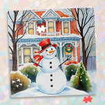 Cute Whimsical Snowman in the Suburbs Christmas Jigsaw Puzzle<br><div class="desc">A cute watercolor illustration of a snowman in front of a suburban Victorian house in a sweet cozy neighborhood.</div>
