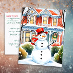 Cute Whimsical Snowman in the Suburbs Christmas Postcard<br><div class="desc">Personalized traditional Christmas postcard. A cute watercolor illustration of a snowman in front of a suburban Victorian house in a sweet cozy neighborhood. Add your own holiday greeting and family names in the personalize area.</div>