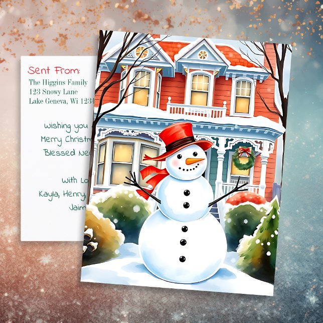 Cute Whimsical Snowman in the Suburbs Christmas Postcard (Creator Uploaded)