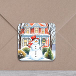 Cute Whimsical Snowman in the Suburbs Christmas Square Sticker<br><div class="desc">Traditional Christmas stickers. A cute watercolor illustration of a snowman in front of a suburban Victorian house in a sweet cozy neighborhood.</div>