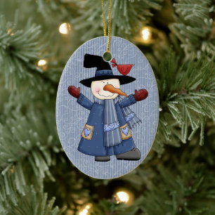 Cute Whimsical Snowman with Red Cardinal Ceramic Ornament