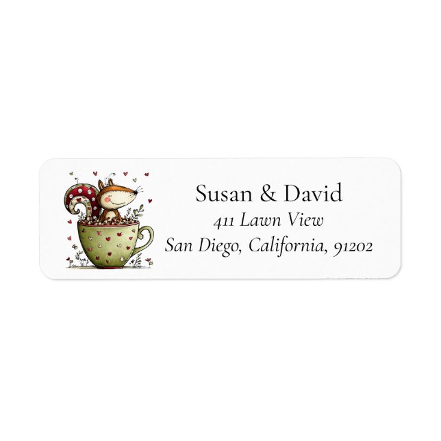 Cute Whimsical Squirrel Teacup Swirl Tail Heart Label (Front)