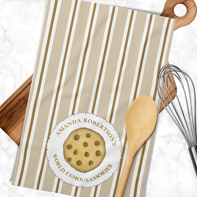 Cute Whimsical Striped Chocolate Chip Cookie  Kitchen Towel (With cute chocolate chip cookie design.)