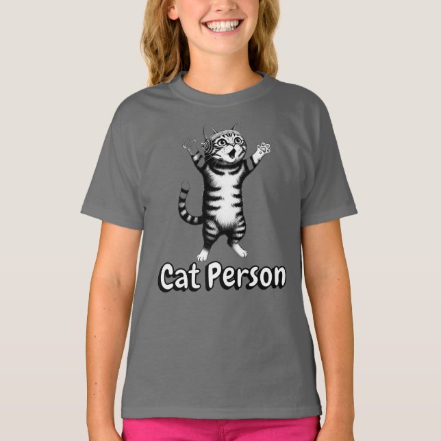 Cute Whimsical Striped Tabby Cat Person Grey Tee (Front)