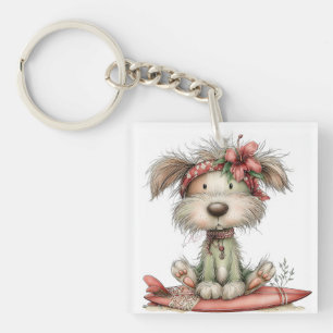 CUTE WHIMSICAL SUMMER DOG ON SURFBOARD KEYCHAIN