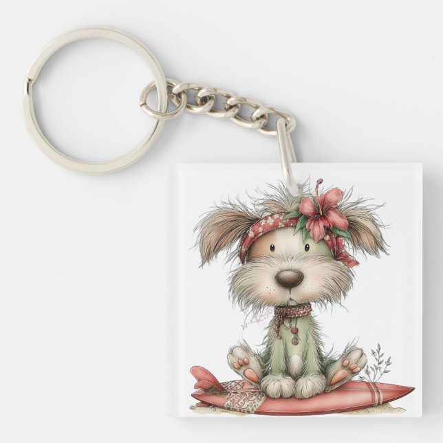 CUTE WHIMSICAL SUMMER DOG ON SURFBOARD KEYCHAIN (Front)