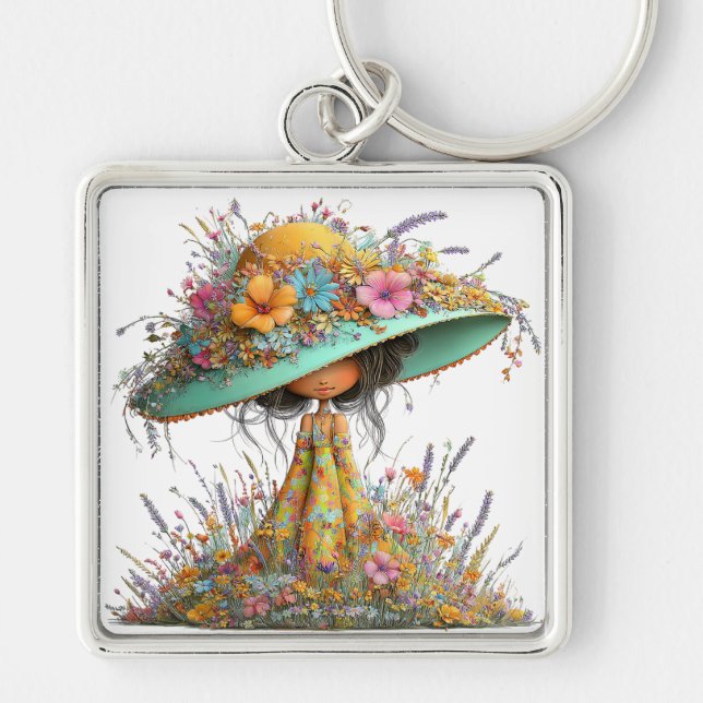 CUTE WHIMSICAL SUMMER GIRL WITH TINY FLOWERS KEYCHAIN (Front)