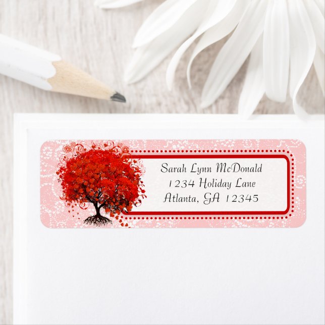 Cute Whimsical Swirl Heart Tree Red Pink Dots Label (Insitu)