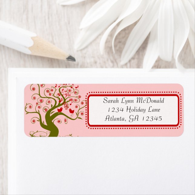 Cute Whimsical Swirl Snowflake Tree Red & Pink Label (Insitu)