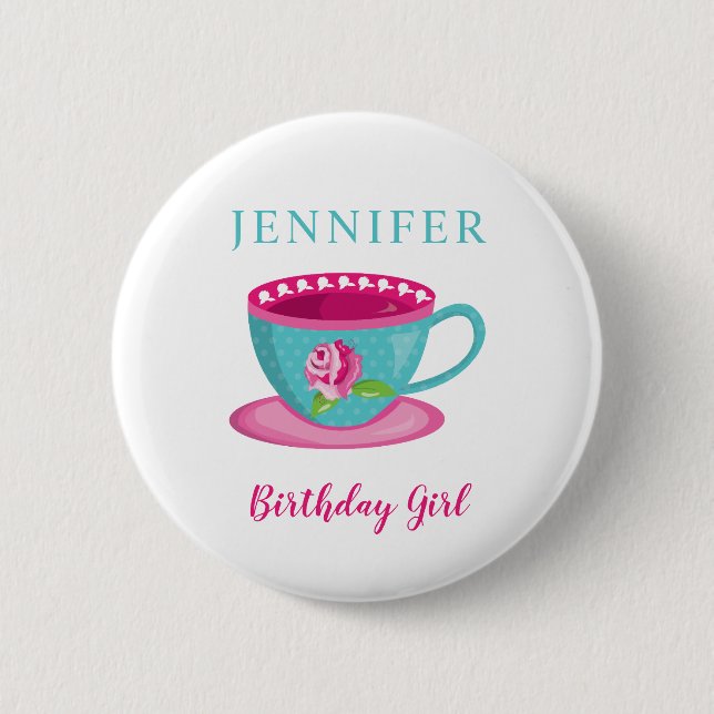 Cute Whimsical Tea cup Birthday Girl Party pink Button (Front)