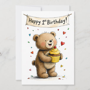Cute Whimsical Teddy Bear Happy 1st Birthday Flat Card