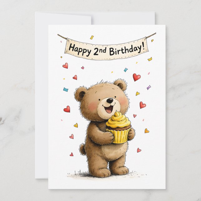 Cute Whimsical Teddy Bear Happy 2nd Birthday Flat Card (Front)