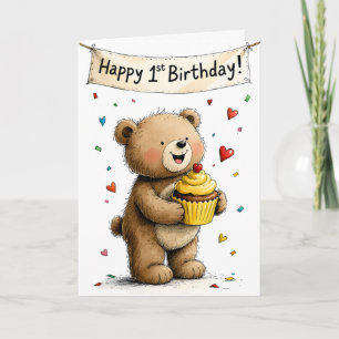 Cute Whimsical Teddy Bear Happy First Birthday Card