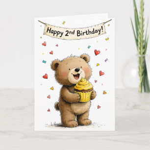 Cute Whimsical Teddy Bear Happy Second Birthday Card