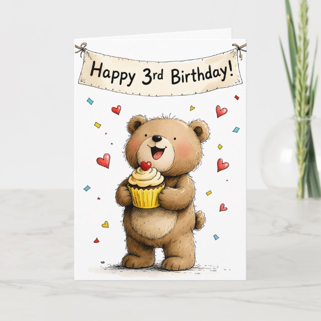 Cute Whimsical Teddy Bear Happy Third Birthday Card (Front)