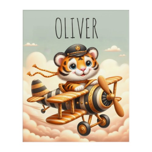 Cute Whimsical Tiny Flying Tiger on a Plane Acrylic Print