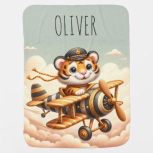 Cute Whimsical Tiny Flying Tiger on a Plane Baby Blanket