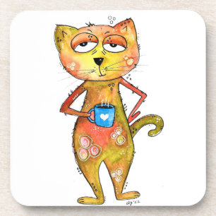 Cute Whimsical Tired Cat Drinking Coffee Beverage Coaster