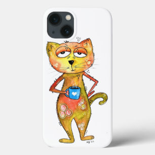 Cute Whimsical Tired Cat Drinking Coffee iPhone 13 Case