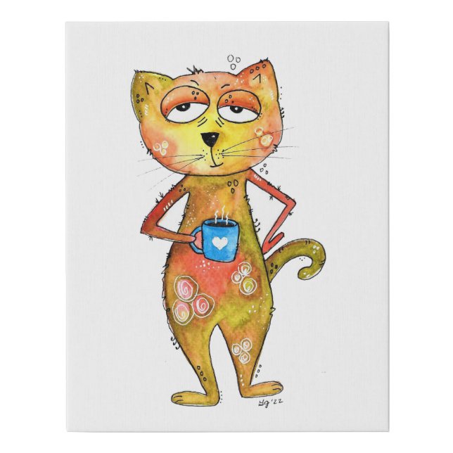 Cute Whimsical Tired Cat Drinking Coffee Faux Canvas Print (Front)