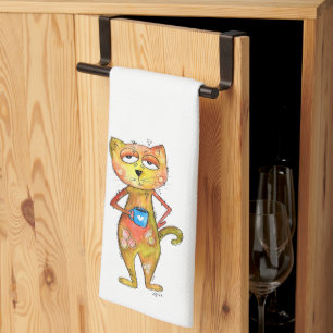 Cute Whimsical Tired Cat Drinking Coffee Kitchen Towel