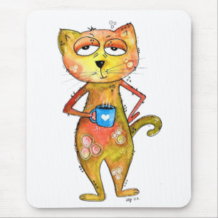 Cute Whimsical Tired Cat Drinking Coffee Mouse Pad