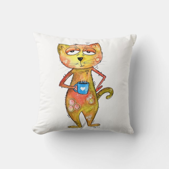 Cute Whimsical Tired Cat Drinking Coffee Throw Pillow (Front)