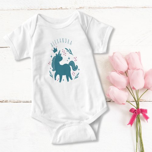 Cute Whimsical Turquoise Pink Unicorn Horse Baby Bodysuit
