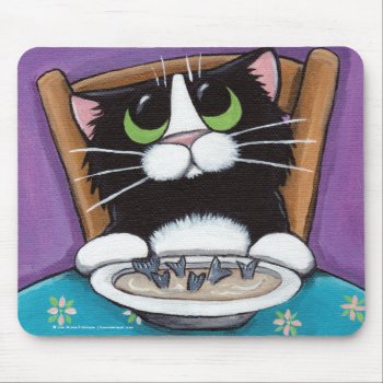 Cute Whimsical Tuxedo Cat Eating Fish Tail Soup Mouse Pad by LisaMarieArt at Zazzle