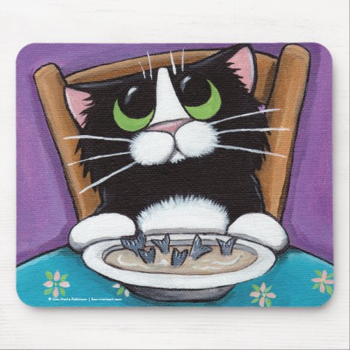 Cute Whimsical Tuxedo Cat Eating Fish Tail Soup Mouse Pad