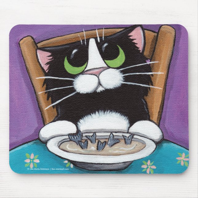 Cute Whimsical Tuxedo Cat Eating Fish Tail Soup Mouse Pad (Front)